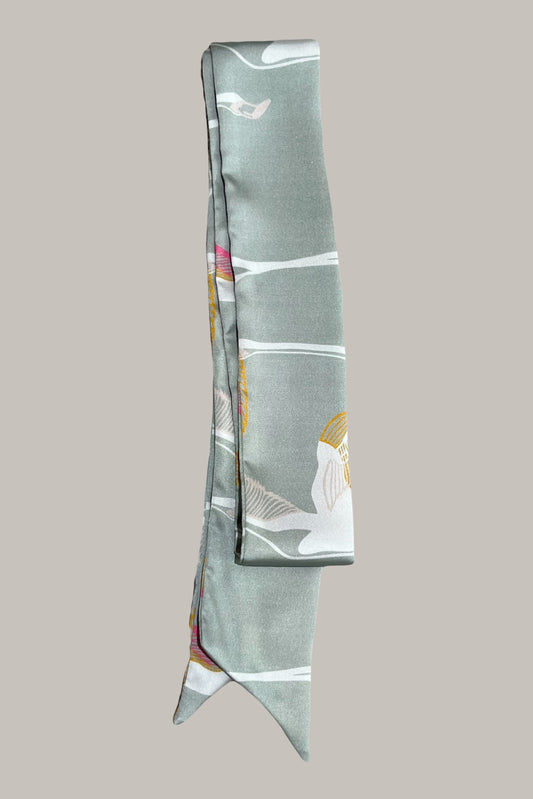 Grey, white, hot pink and gold cranes printed scarf made from an ultra soft recycled poly blend