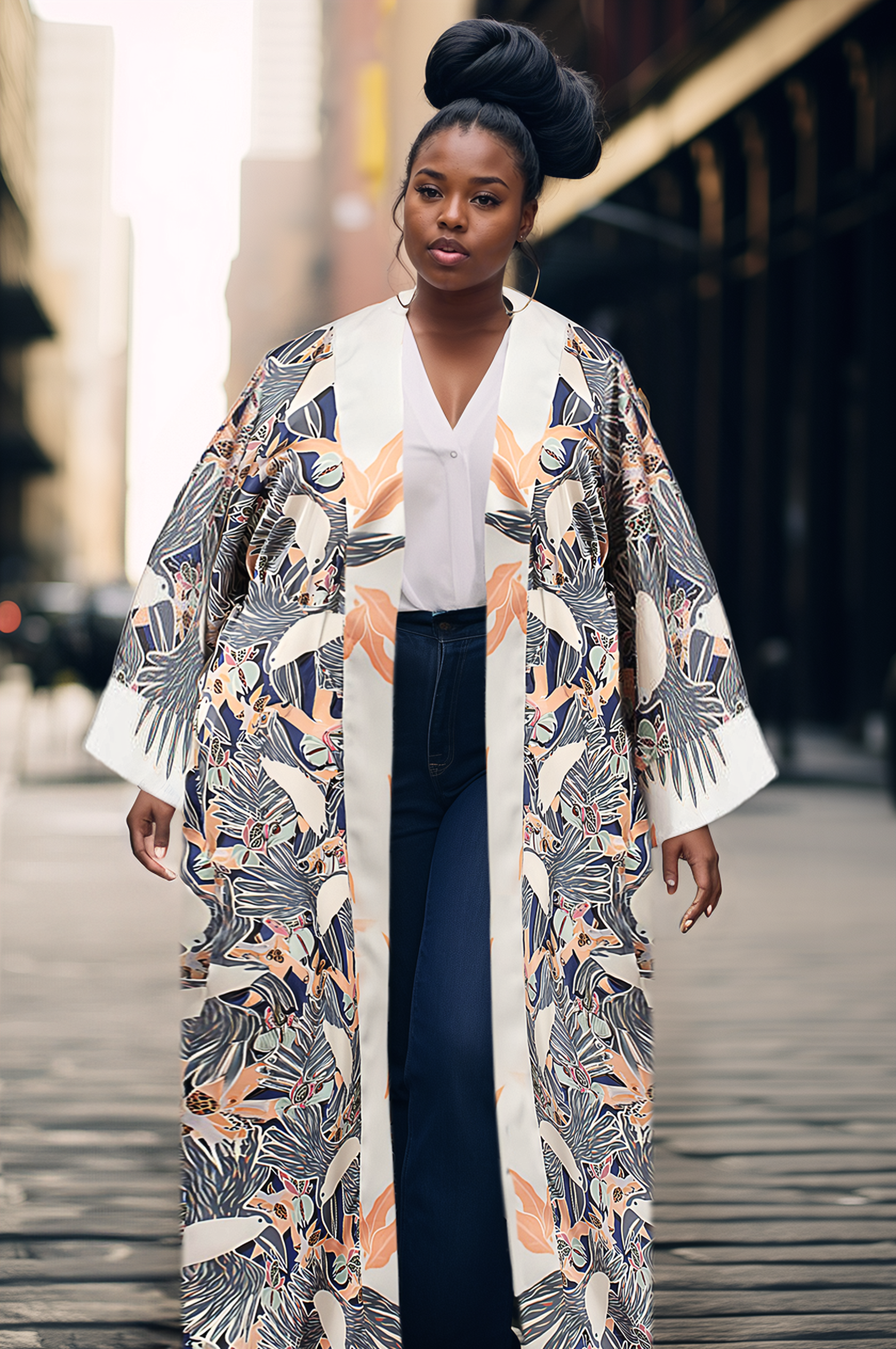 Woman wearing kimono robe in navy toucans robe open with hands at her side