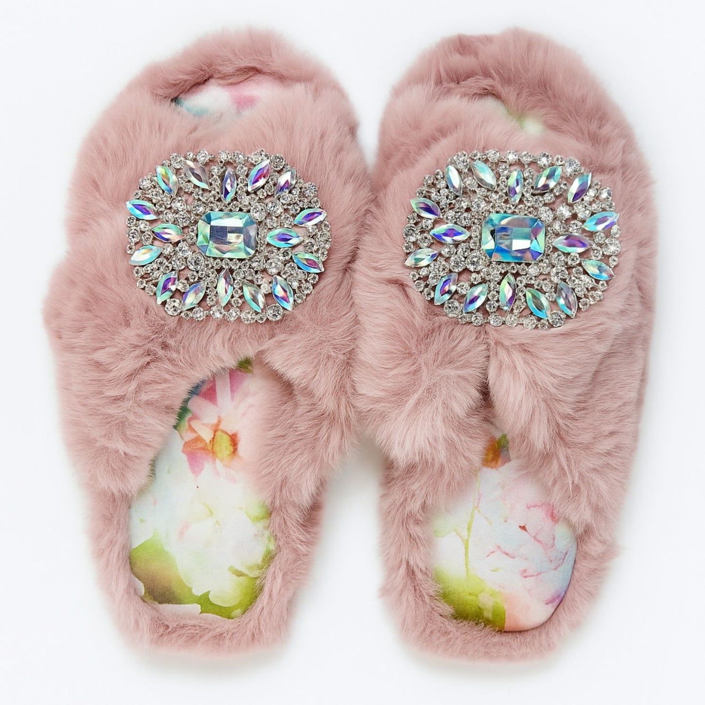 Faux Fur Slippers - Global Recycled Standard Certified with Oversized Iridescent Brooches