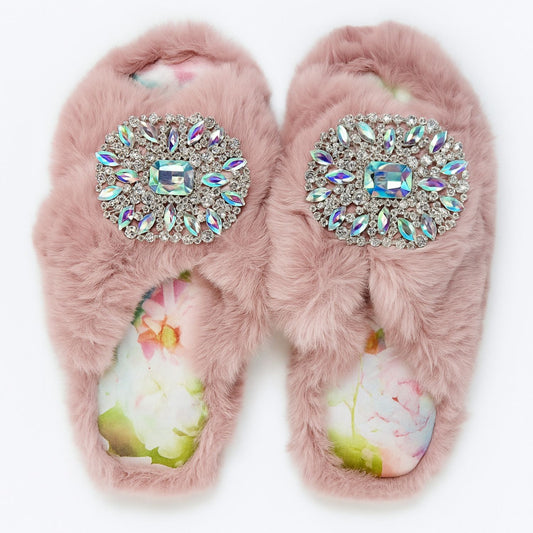 Faux Fur Slippers - Global Recycled Standard Certified with Oversized Iridescent Brooches