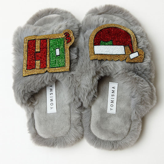 Faux Fur Slippers - Global Recycled Standard Certified with HO3 + Santa Hat Hand Beaded Brooches