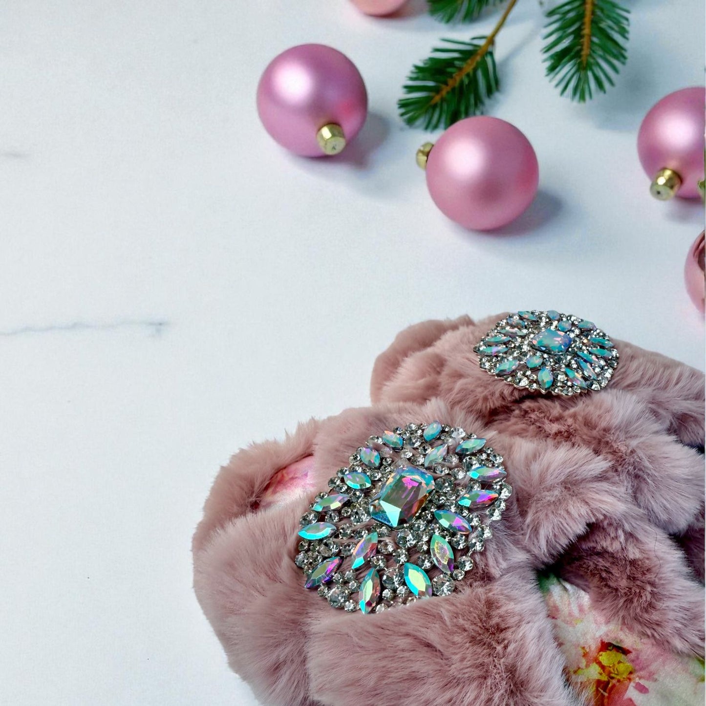 Faux Fur Slippers - Global Recycled Standard Certified with Oversized Iridescent Brooches