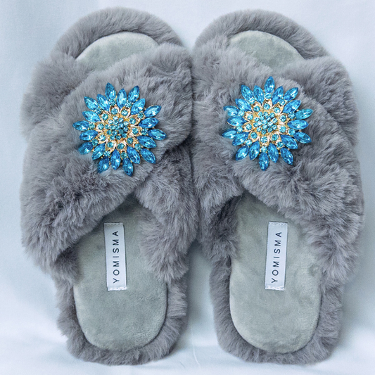 Faux Fur Slippers - Global Recycled Standard Certified with Turquoise Jewel Embellishments