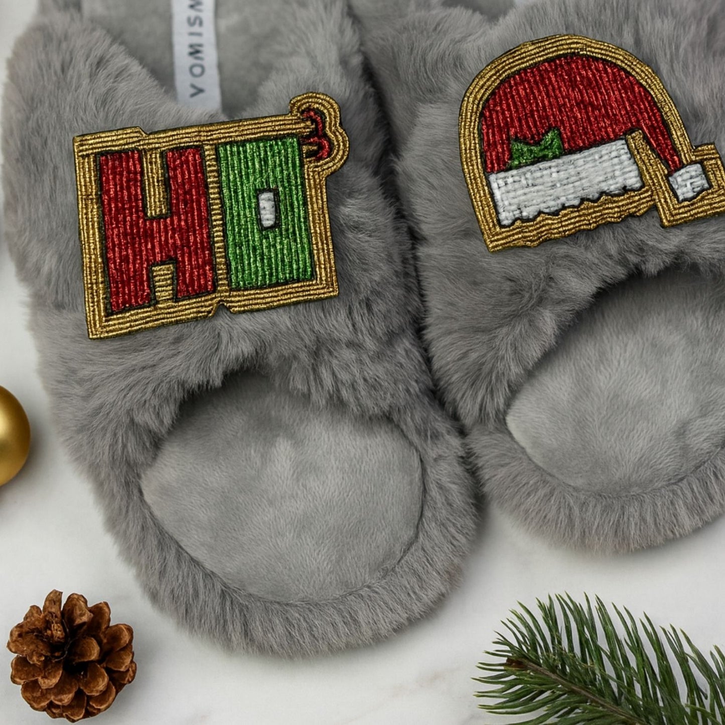 Faux Fur Slippers - Global Recycled Standard Certified with HO3 + Santa Hat Hand Beaded Brooches