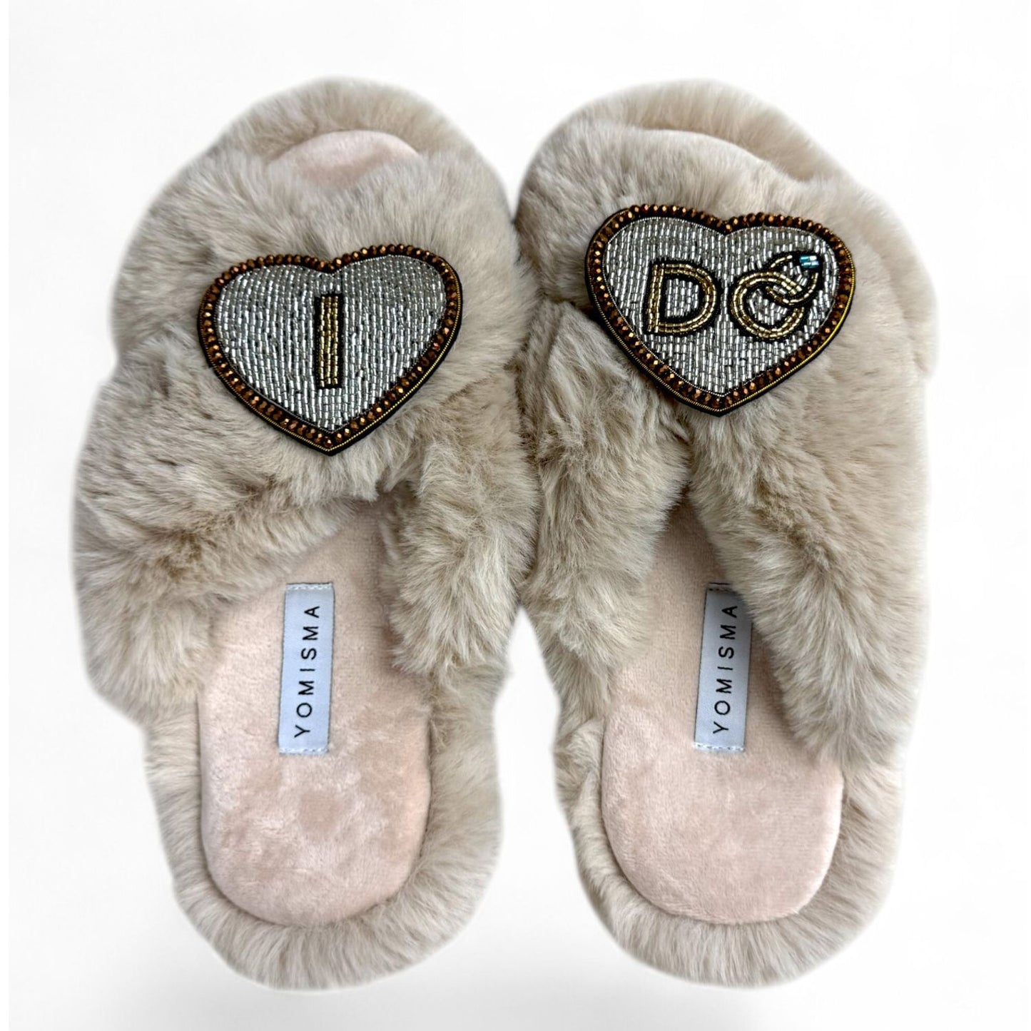 Faux Fur Slippers - Global Recycled Standard Certified with Beaded Wedding (I DO) Brooch