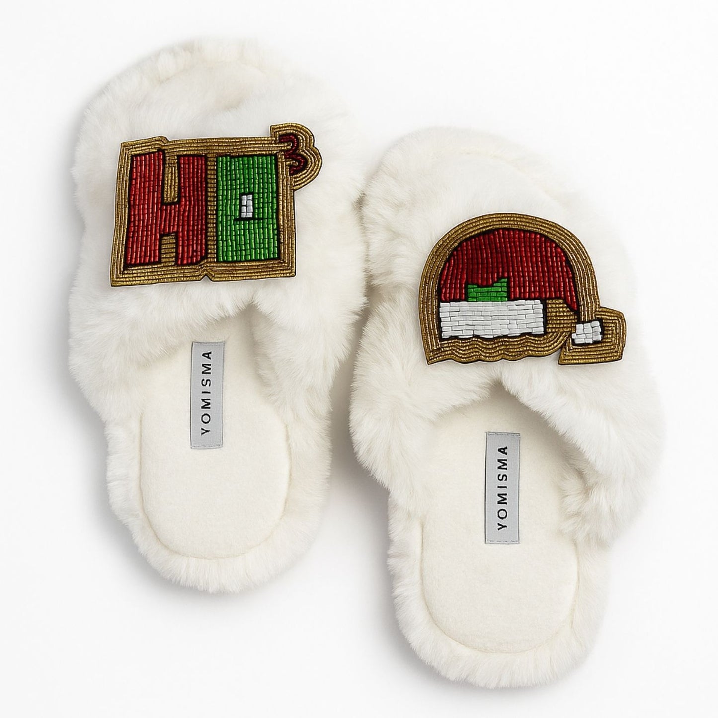 Faux Fur Slippers - Global Recycled Standard Certified with HO3 + Santa Hat Hand Beaded Brooches