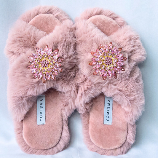 Faux Fur Slippers - Global Recycled Standard Certified with Light Pink Jewel Embellishments