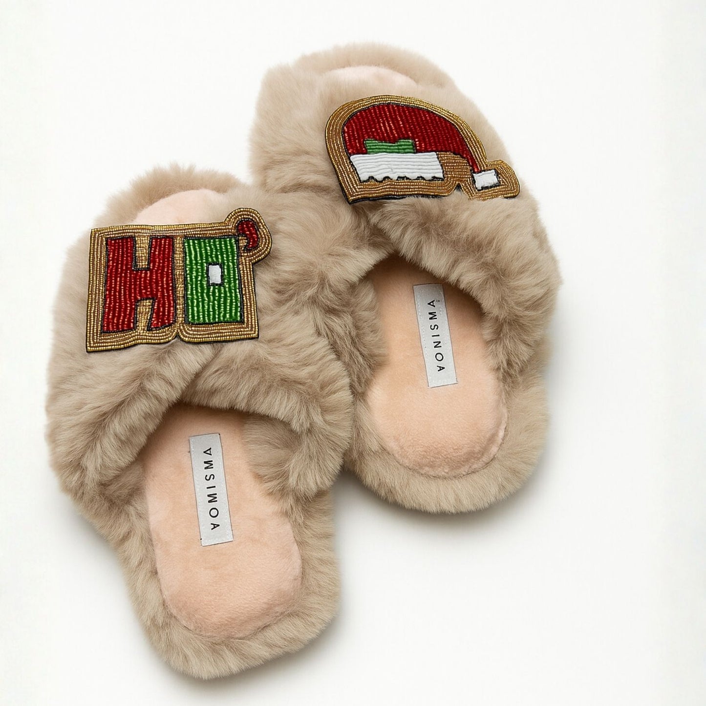 Faux Fur Slippers - Global Recycled Standard Certified with HO3 + Santa Hat Hand Beaded Brooches