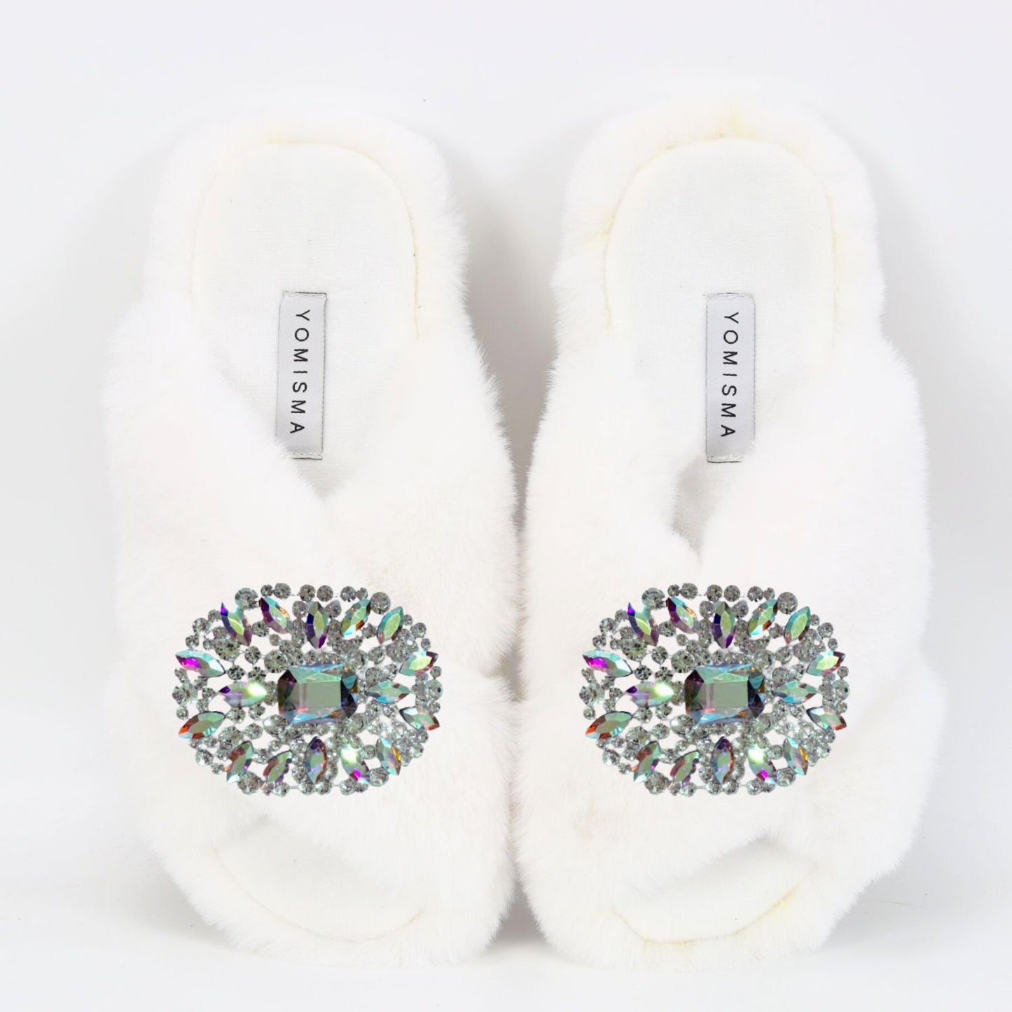 Faux Fur Slippers - Global Recycled Standard Certified with Oversized Iridescent Brooches