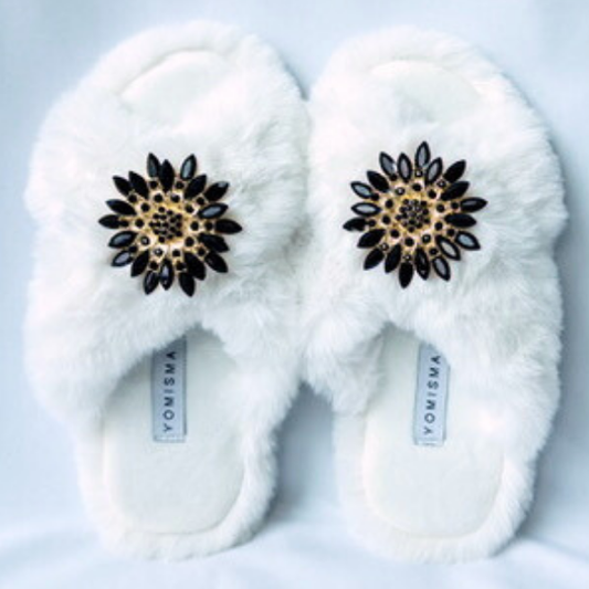 Faux Fur Slippers - Global Recycled Standard Certified with Black Embellishments