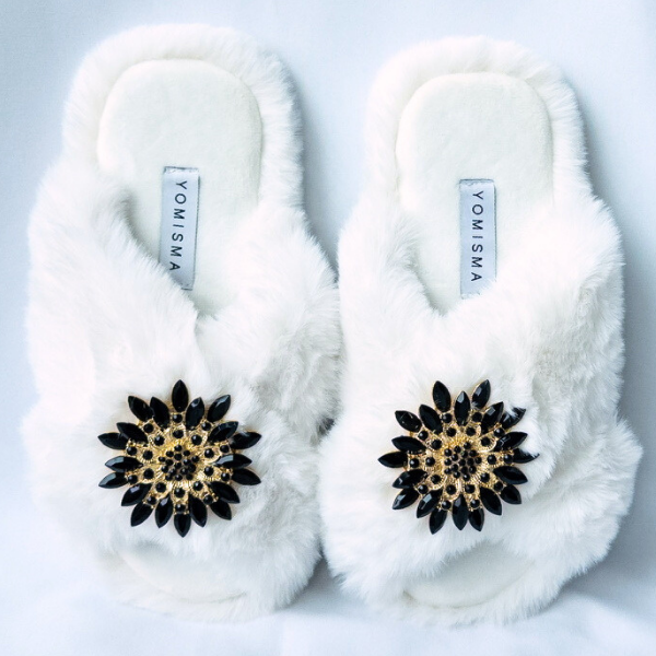 Faux Fur Slippers - Global Recycled Standard Certified with Black Embellishments