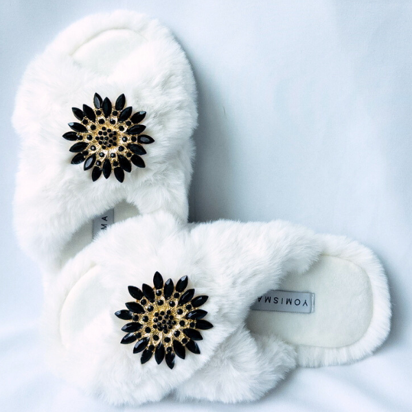 Faux Fur Slippers - Global Recycled Standard Certified with Black Embellishments