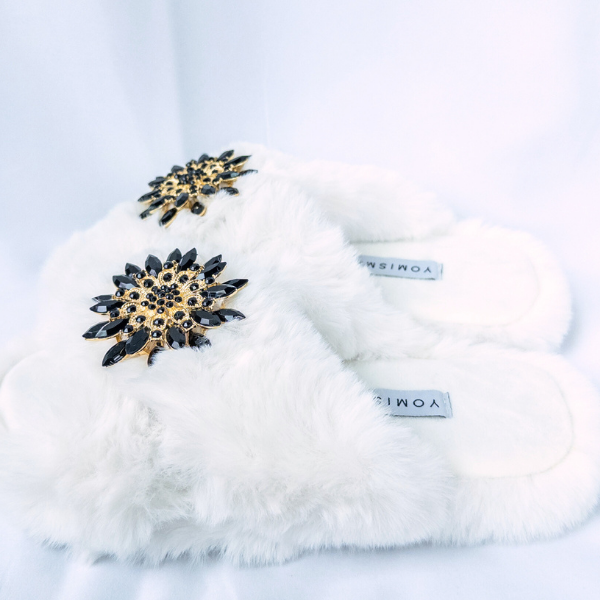 Faux Fur Slippers - Global Recycled Standard Certified with Black Embellishments