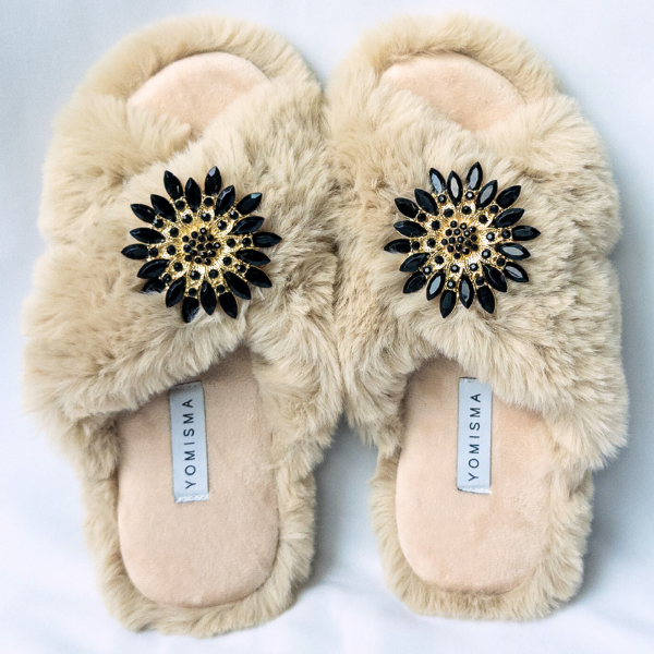 Faux Fur Slippers - Global Recycled Standard Certified with Black Embellishments