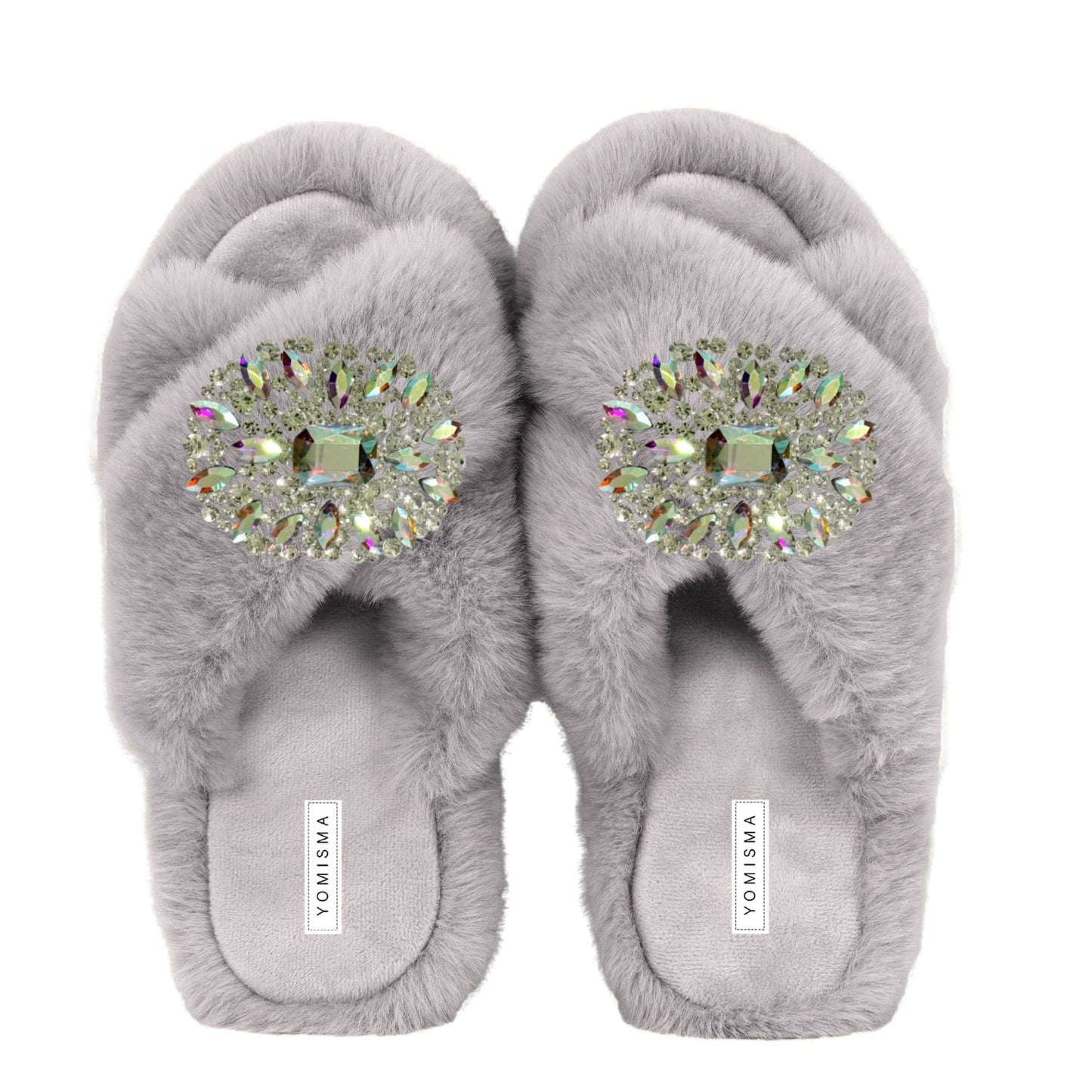 Faux Fur Slippers - Global Recycled Standard Certified with Oversized Iridescent Brooches