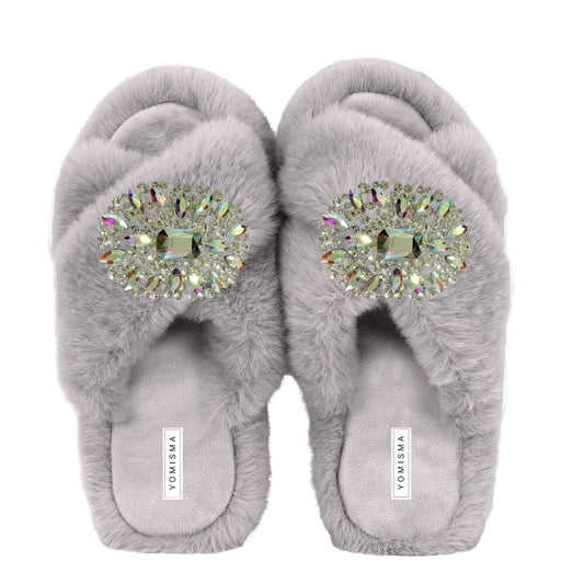 Faux Fur Slippers - Global Recycled Standard Certified with Oversized Iridescent Brooches