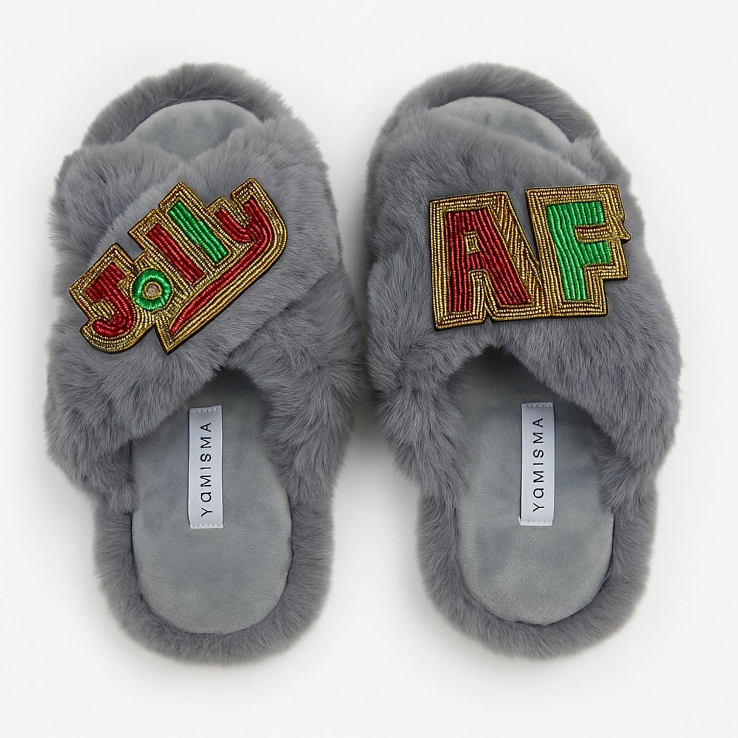 Faux Fur Slippers - Global Recycled Standard Certified with JOLLY + AF Hand Beaded Brooches