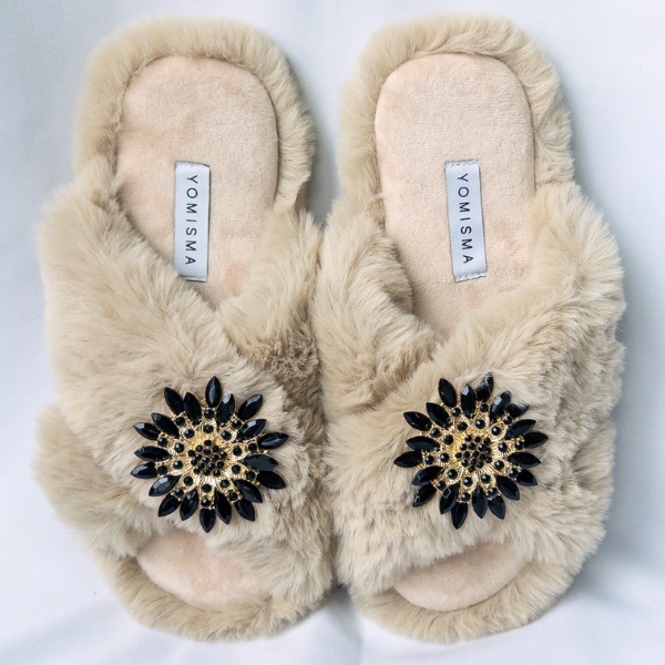 Faux Fur Slippers - Global Recycled Standard Certified with Black Embellishments