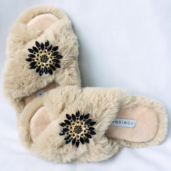 Faux Fur Slippers - Global Recycled Standard Certified with Black Embellishments