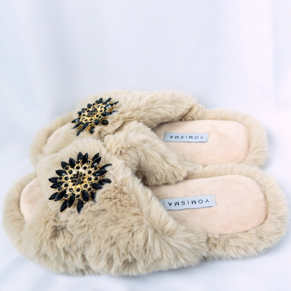 Faux Fur Slippers - Global Recycled Standard Certified with Black Embellishments