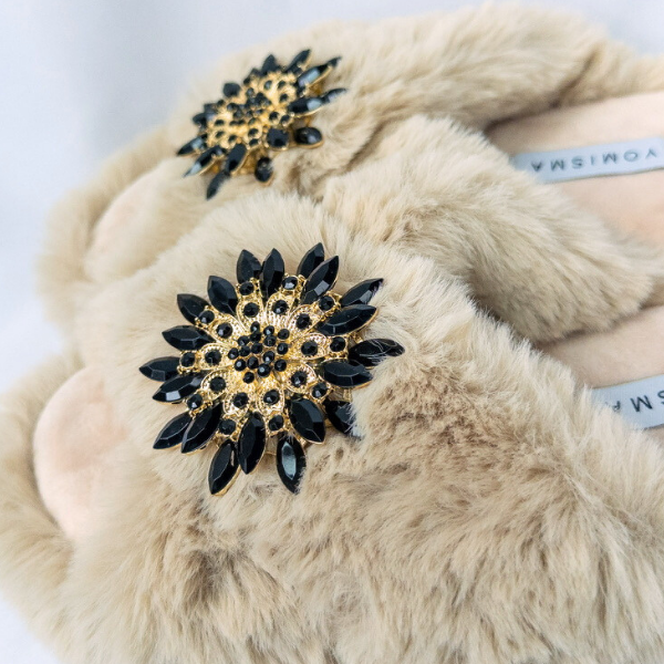 Faux Fur Slippers - Global Recycled Standard Certified with Black Embellishments