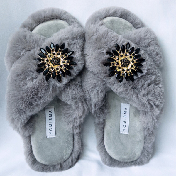 Faux Fur Slippers - Global Recycled Standard Certified with Black Embellishments