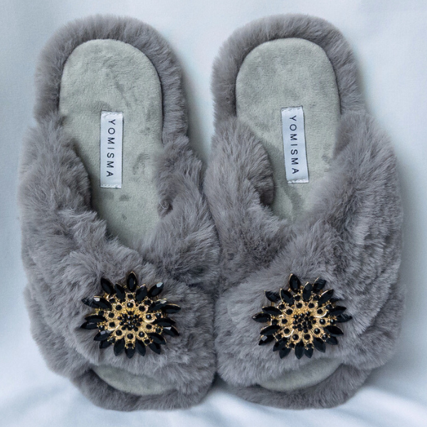 Faux Fur Slippers - Global Recycled Standard Certified with Black Embellishments