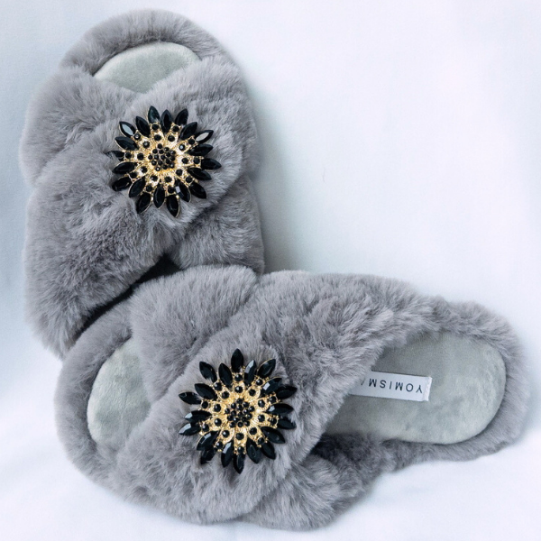Faux Fur Slippers - Global Recycled Standard Certified with Black Embellishments