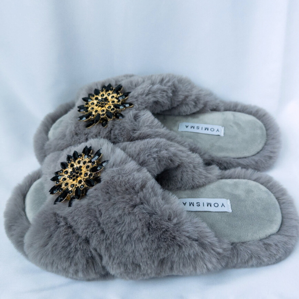 Faux Fur Slippers - Global Recycled Standard Certified with Black Embellishments
