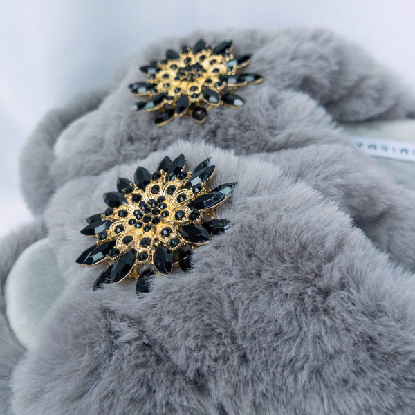 Faux Fur Slippers - Global Recycled Standard Certified with Black Embellishments