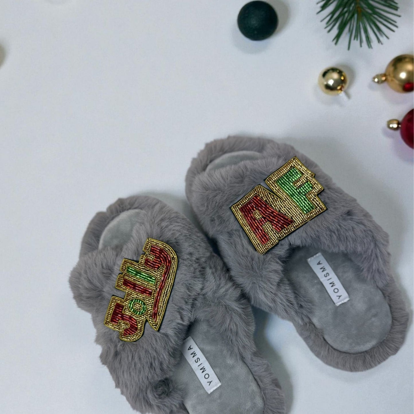 Faux Fur Slippers - Global Recycled Standard Certified with JOLLY + AF Hand Beaded Brooches
