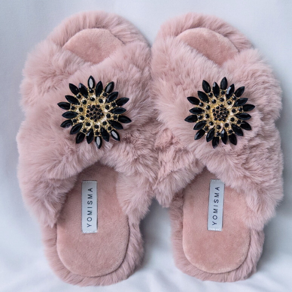 Faux Fur Slippers - Global Recycled Standard Certified with Black Embellishments