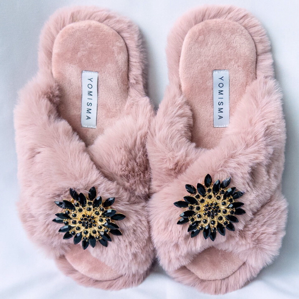 Faux Fur Slippers - Global Recycled Standard Certified with Black Embellishments