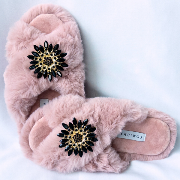 Faux Fur Slippers - Global Recycled Standard Certified with Black Embellishments