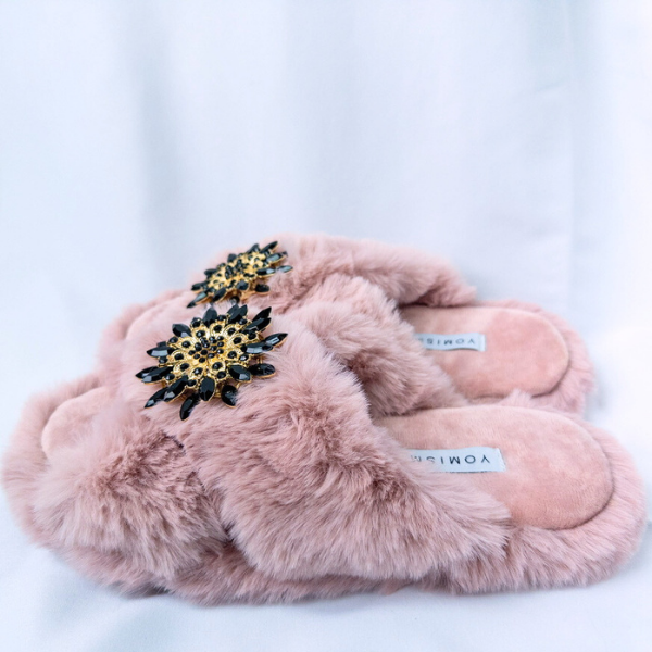 Faux Fur Slippers - Global Recycled Standard Certified with Black Embellishments