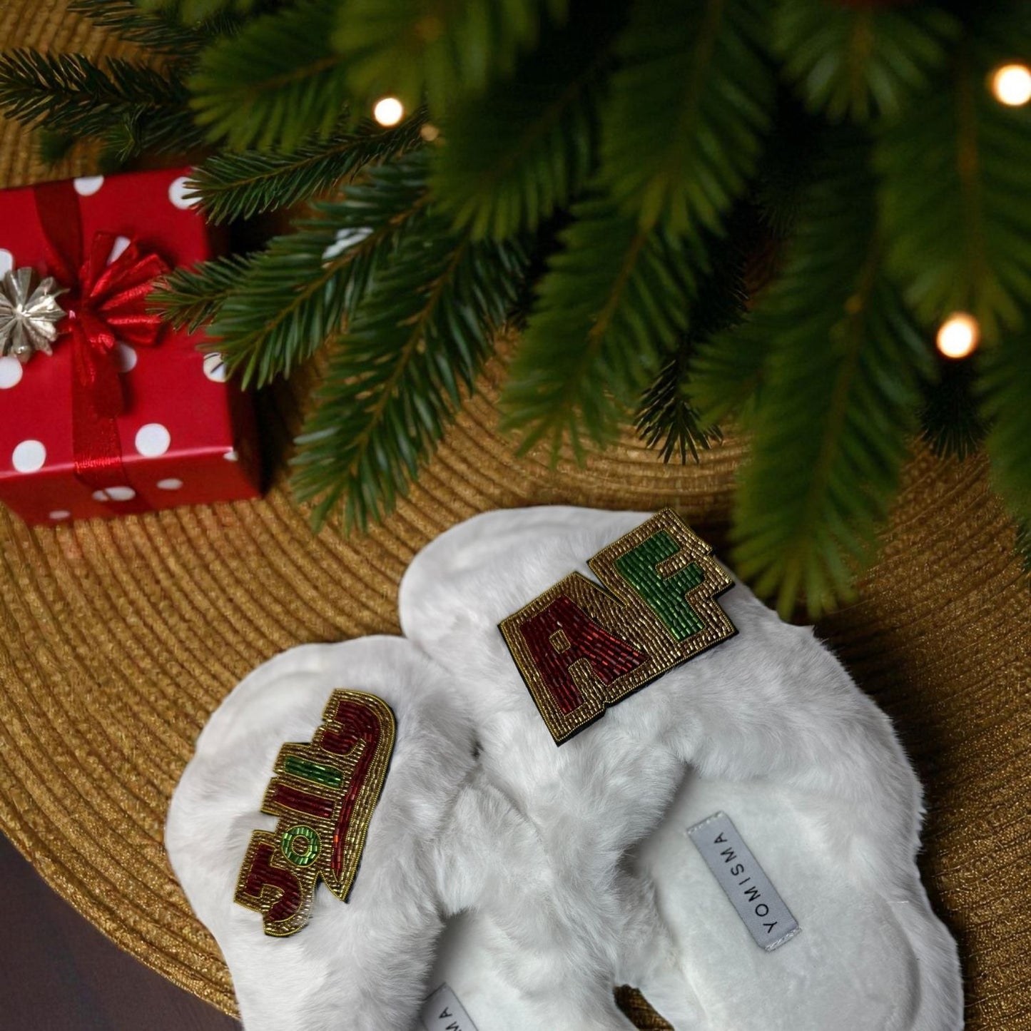 Faux Fur Slippers - Global Recycled Standard Certified with JOLLY + AF Hand Beaded Brooches