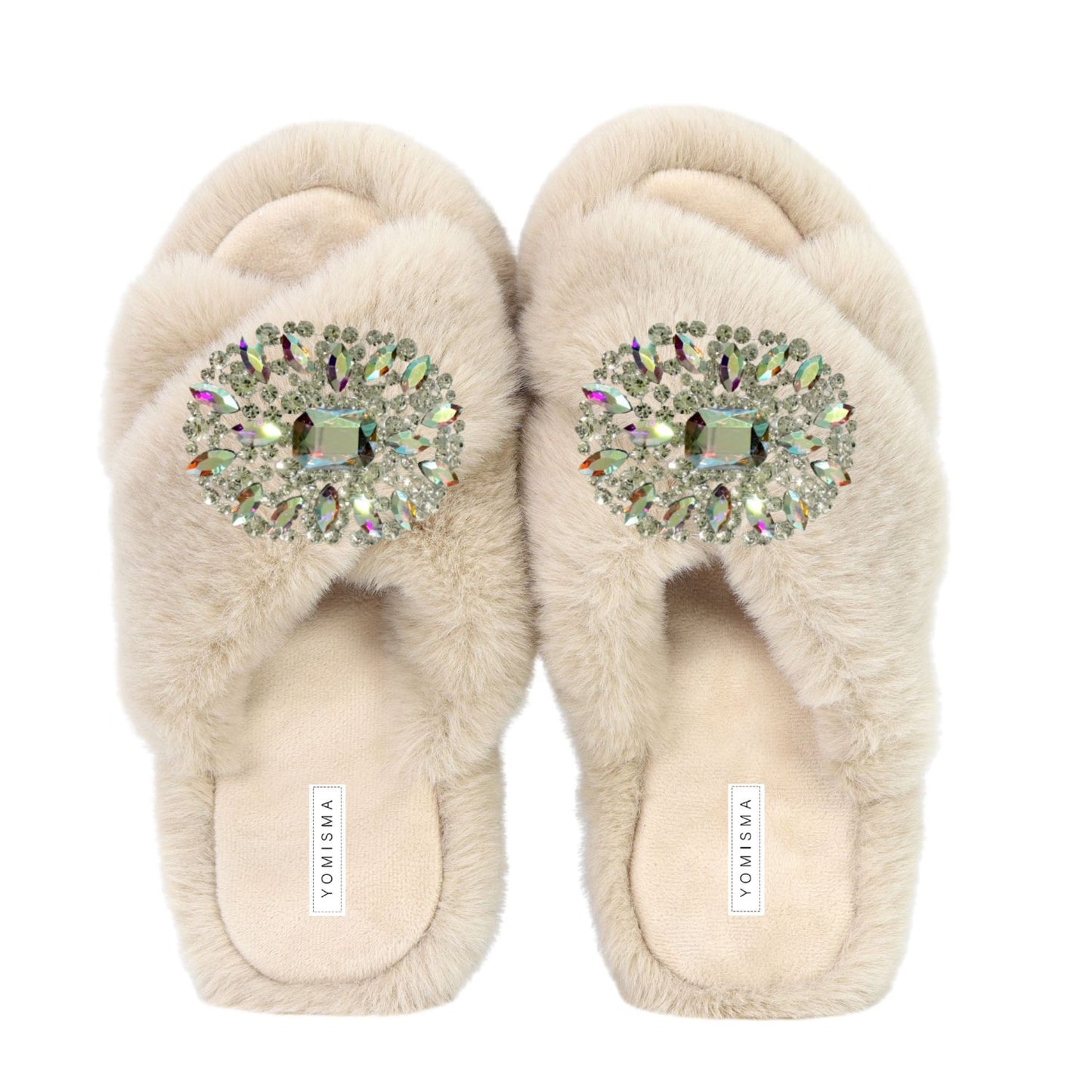 Faux Fur Slippers - Global Recycled Standard Certified with Oversized Iridescent Brooches