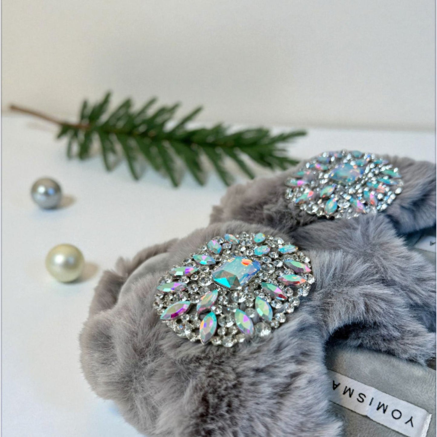 Faux Fur Slippers - Global Recycled Standard Certified with Oversized Iridescent Brooches