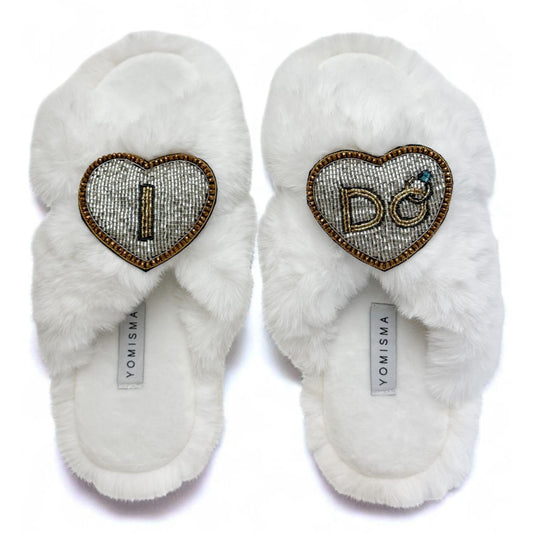 Faux Fur Slippers - Global Recycled Standard Certified with Beaded Wedding (I DO) Brooch