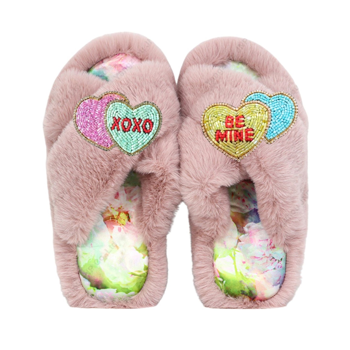 Faux Fur Slippers - Global Recycled Standard Certified with Valentines "Be Mine/XO"  Embellishments
