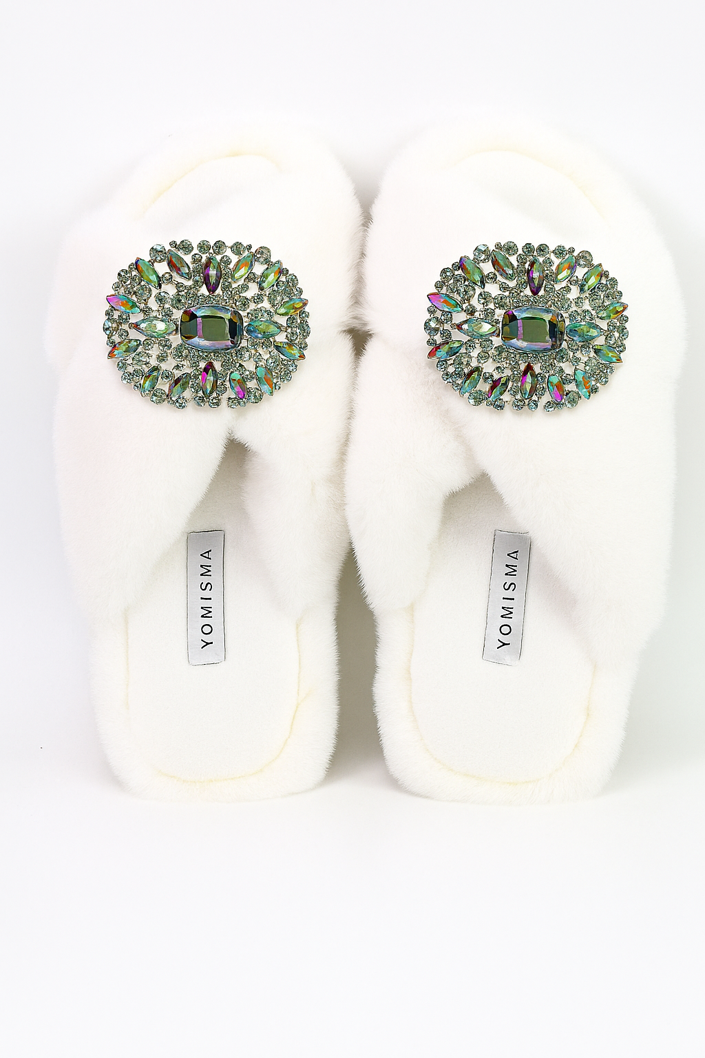 Faux Fur Slippers - Global Recycled Standard Certified with Oversized Iridescent Brooches