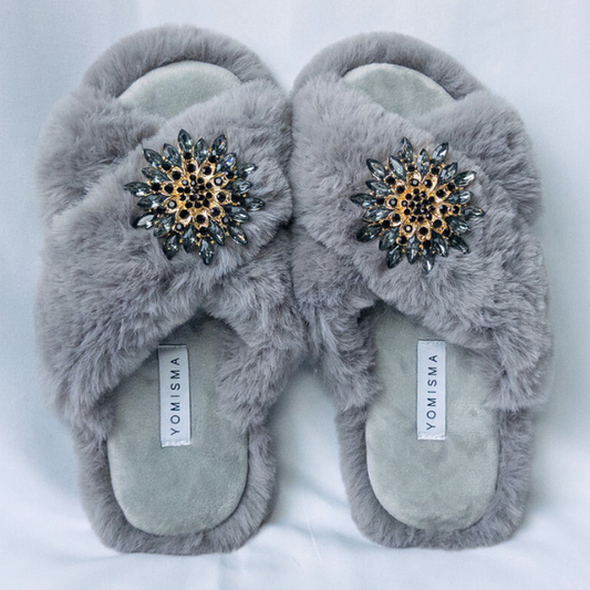 Faux Fur Slippers - Global Recycled Standard Certified with Grey Tourmaline Jewel Embellishments
