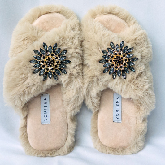 Faux Fur Slippers - Global Recycled Standard Certified with Grey Tourmaline Jewel Embellishments