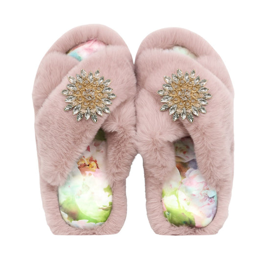 Faux Fur Slippers - Global Recycled Standard Certified with Clear Jewel Embellishments