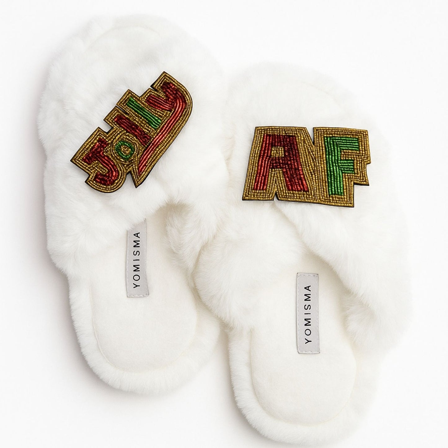 Faux Fur Slippers - Global Recycled Standard Certified with JOLLY + AF Hand Beaded Brooches