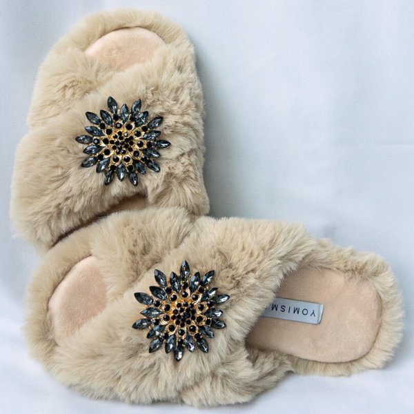 Faux Fur Slippers - Global Recycled Standard Certified with Grey Tourmaline Jewel Embellishments