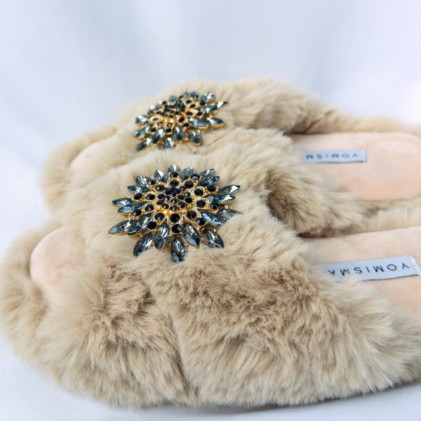 Faux Fur Slippers - Global Recycled Standard Certified with Grey Tourmaline Jewel Embellishments