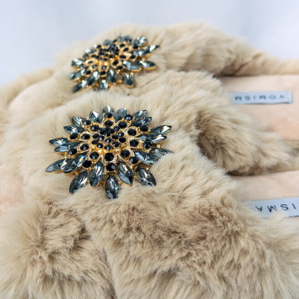 Faux Fur Slippers - Global Recycled Standard Certified with Grey Tourmaline Jewel Embellishments
