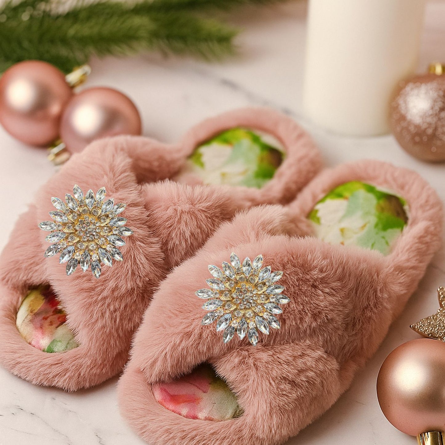 Faux Fur Slippers - Global Recycled Standard Certified with Clear Jewel Embellishments