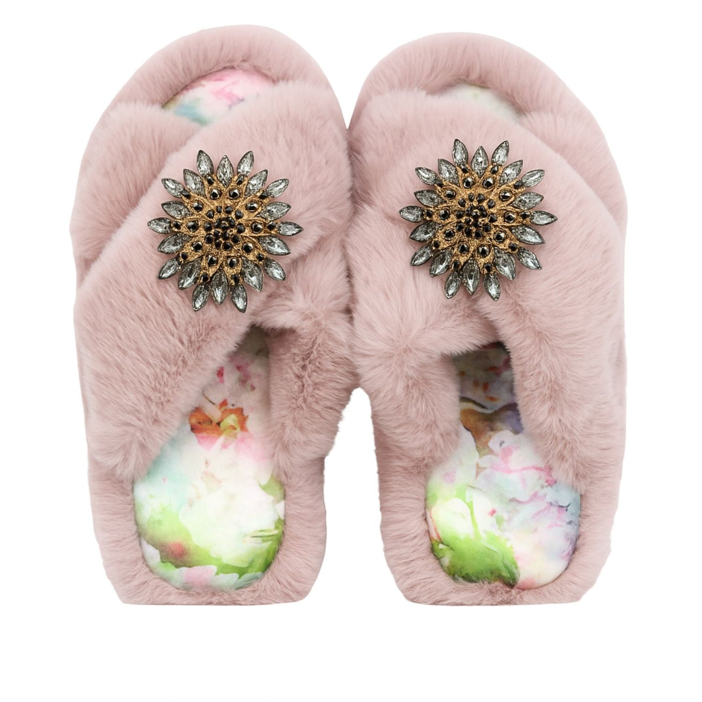 Faux Fur Slippers - Global Recycled Standard Certified with Grey Tourmaline Jewel Embellishments